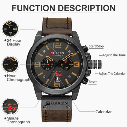 Men's Classic Style Luxury Waterproof Sport Watch - Large Numbered Chronograph Quartz with Genuine Leather Strap