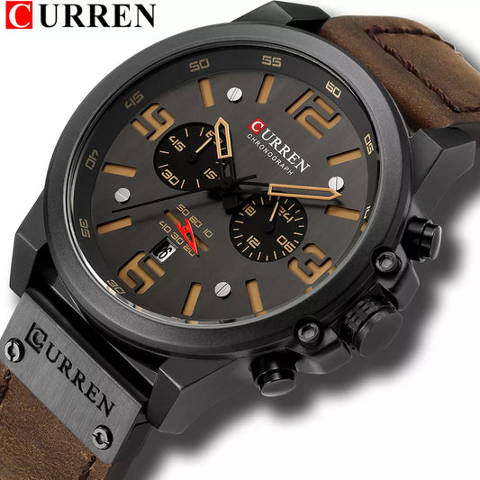 Men's Classic Style Luxury Waterproof Sport Watch - Large Numbered Chronograph Quartz with Genuine Leather Strap