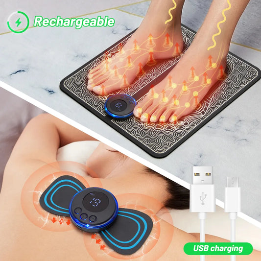 Rechargeable Electric Foot Massager Mat with EMS Neck Massager, Massage Tools to Relieve Foot and Neck Pain