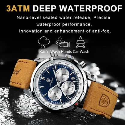 Luxury Quartz Chronograph - Men's Waterproof Watch with Leather Strap